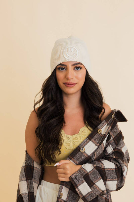 Happy Face Embroidered Ribbed Knit Beanie in Vanilla
