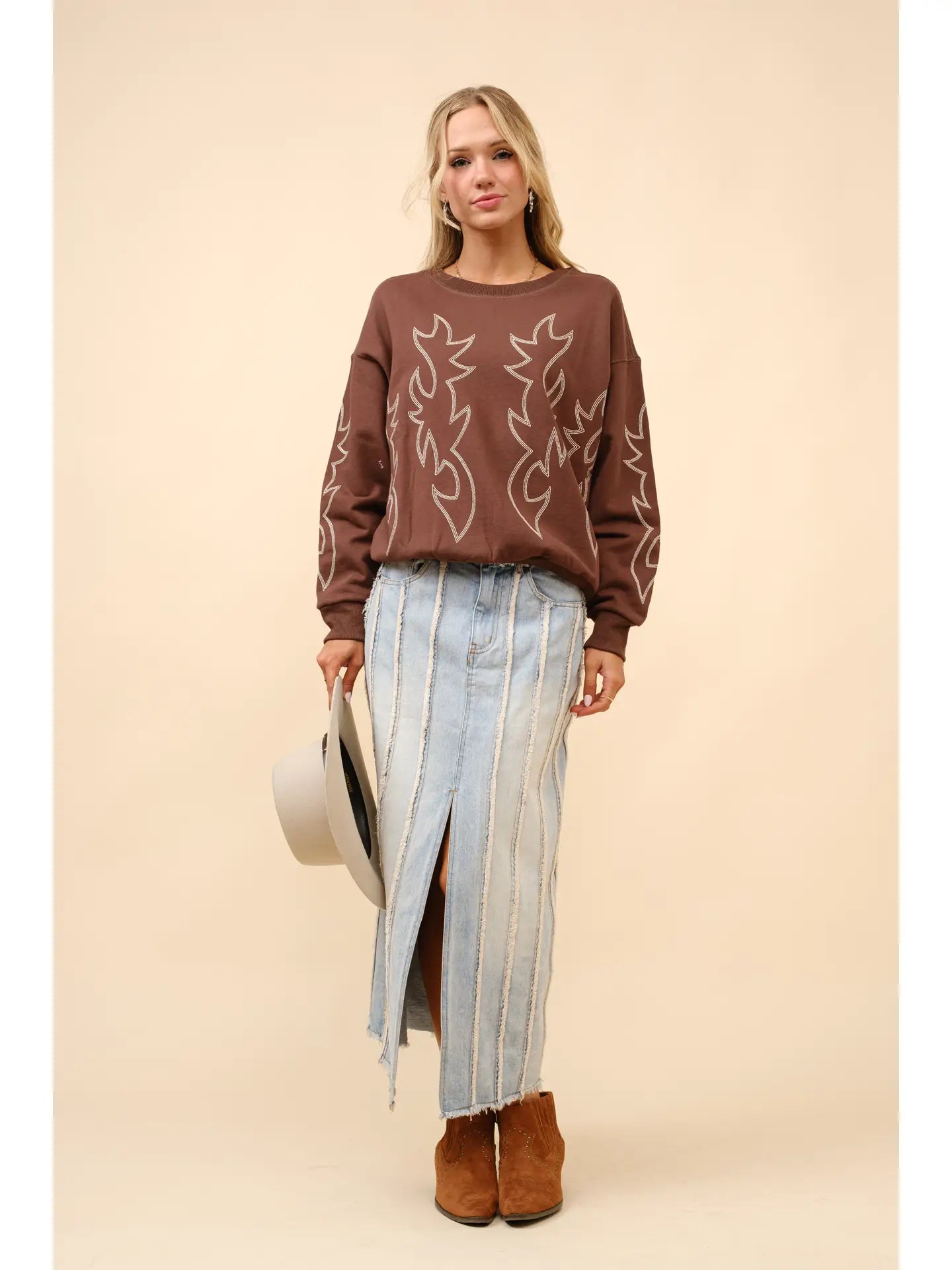 Chloe Western Boots Stitch Pullover Sweatshirt