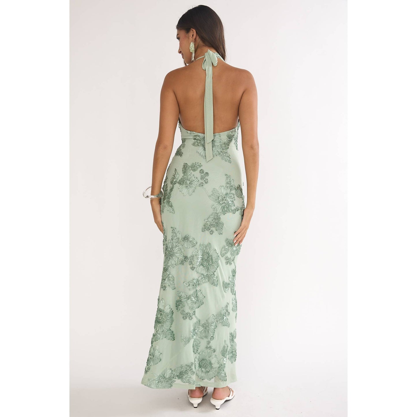 Bella Cowl Neck Embroidered Maxi Dress in Aqua Green