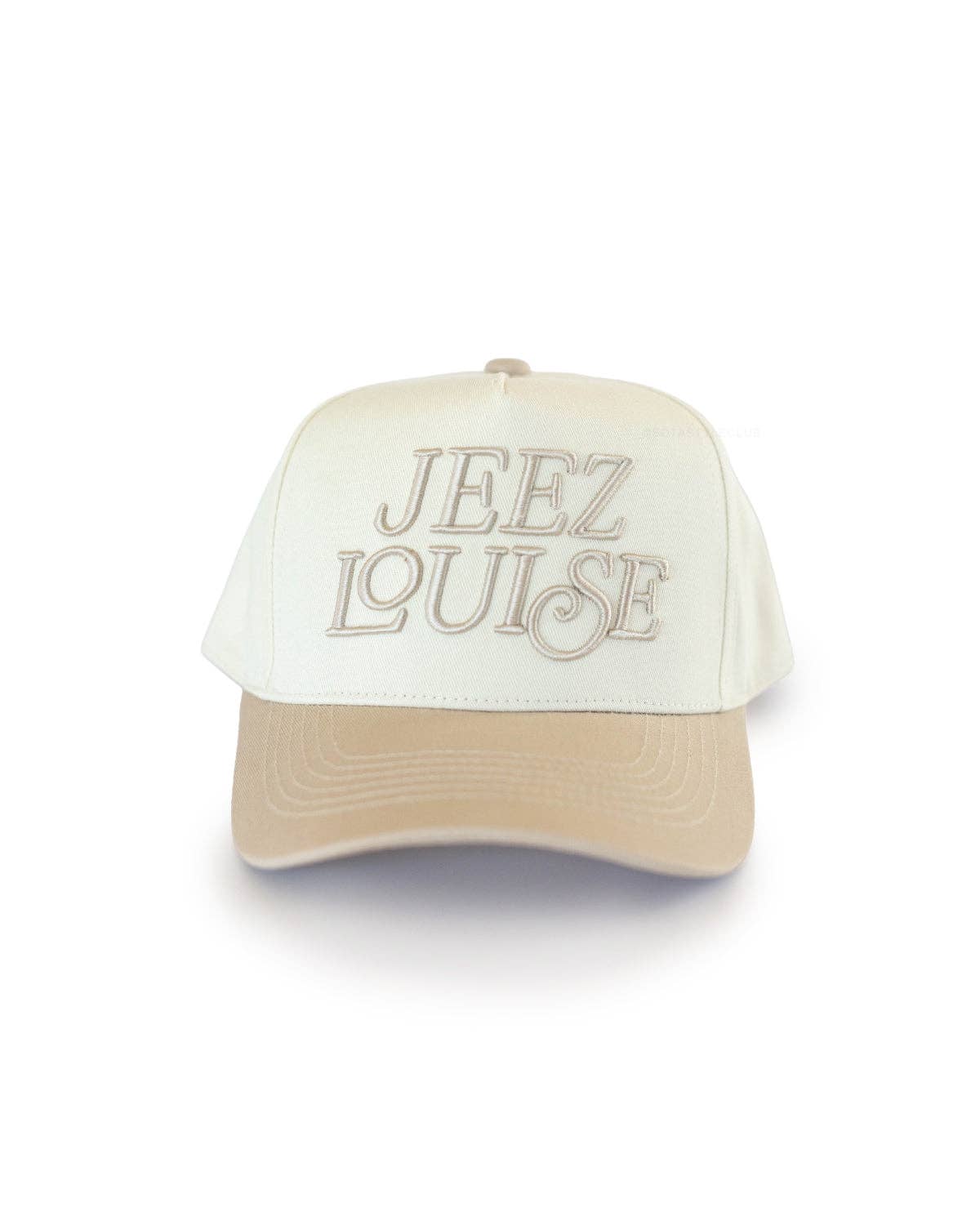 Jeez Louise Embroidered Trucker Hat in Khaki
