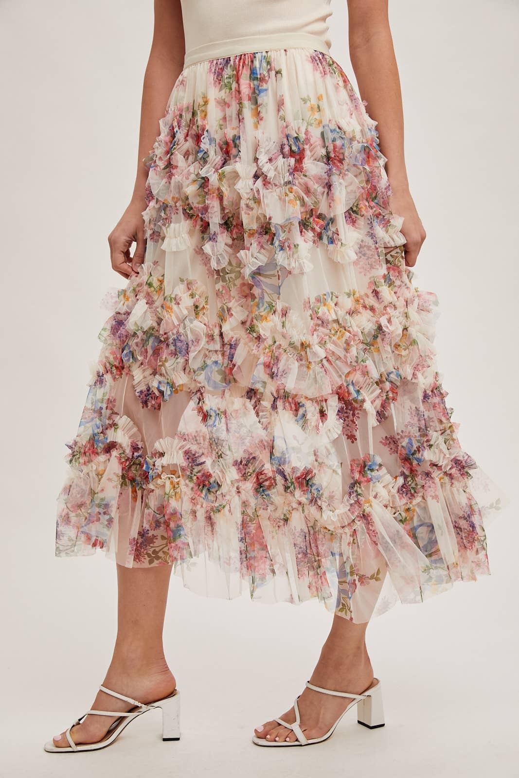Joni Floral Ruffled Mesh Skirt in Ecru
