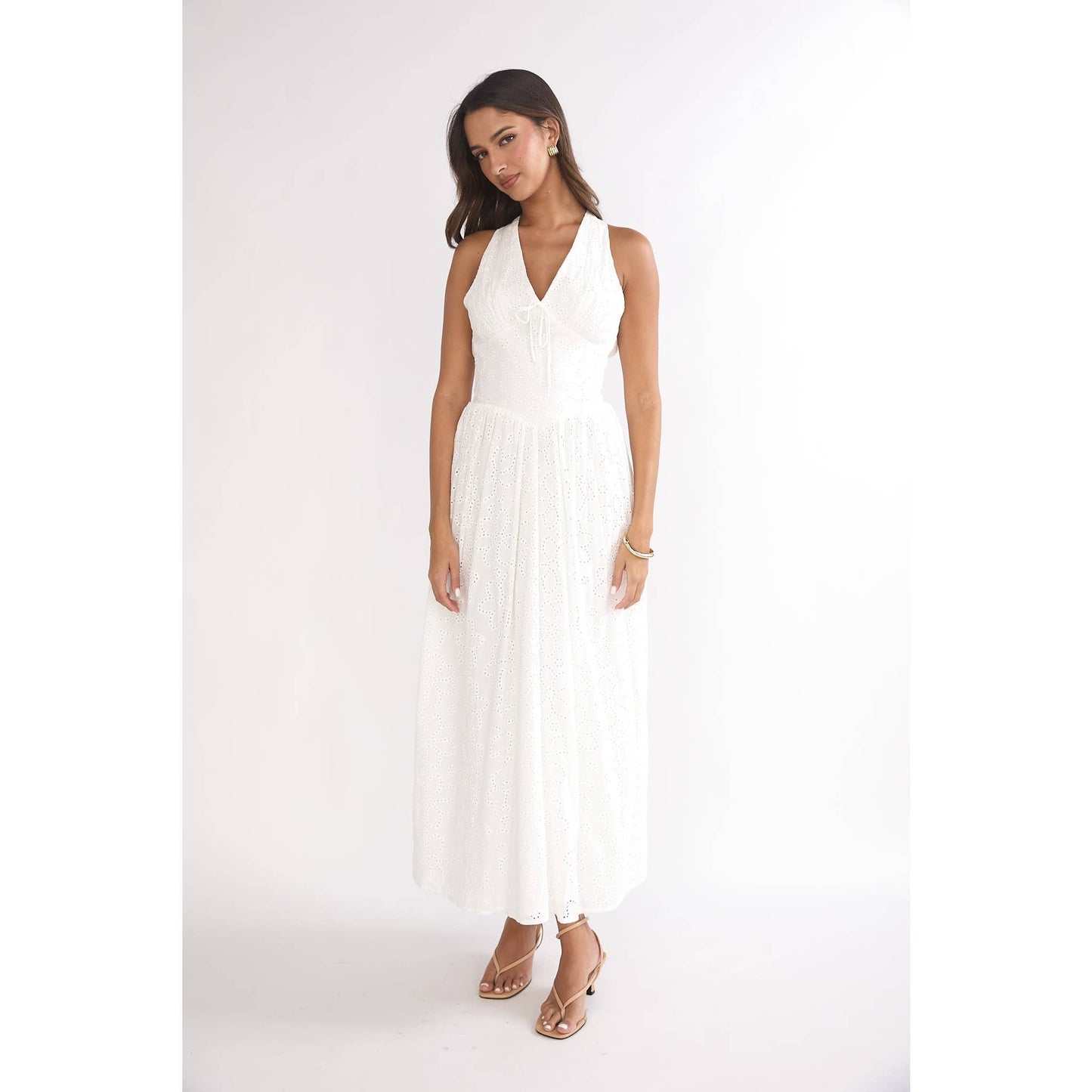 Halee Eyelit Halter Midi Dress in Lemon