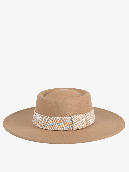 Stevie Boho Trim Wide Brim Fedora in Tan