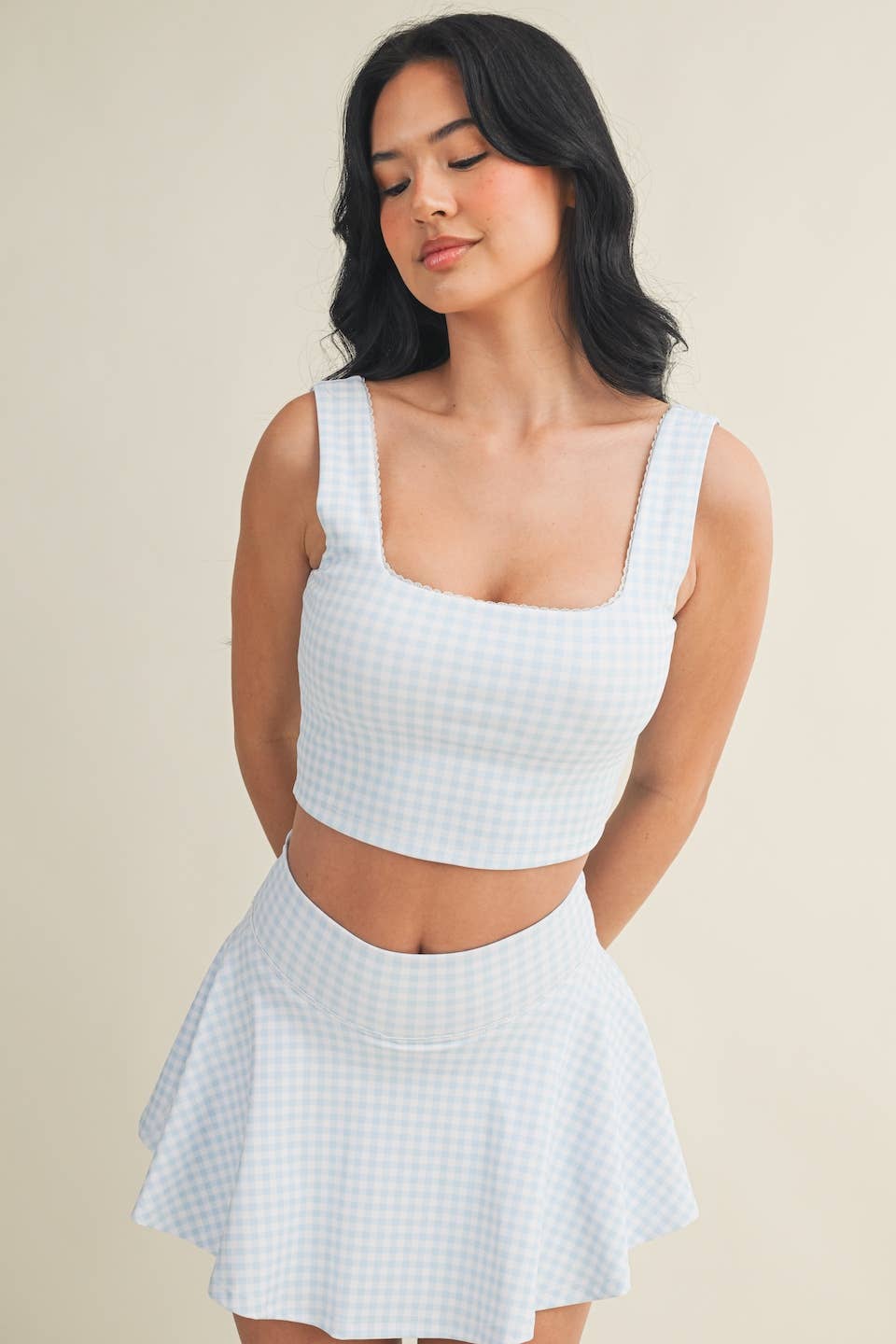Blue Gingham Print Crop Tank with Lace Trim