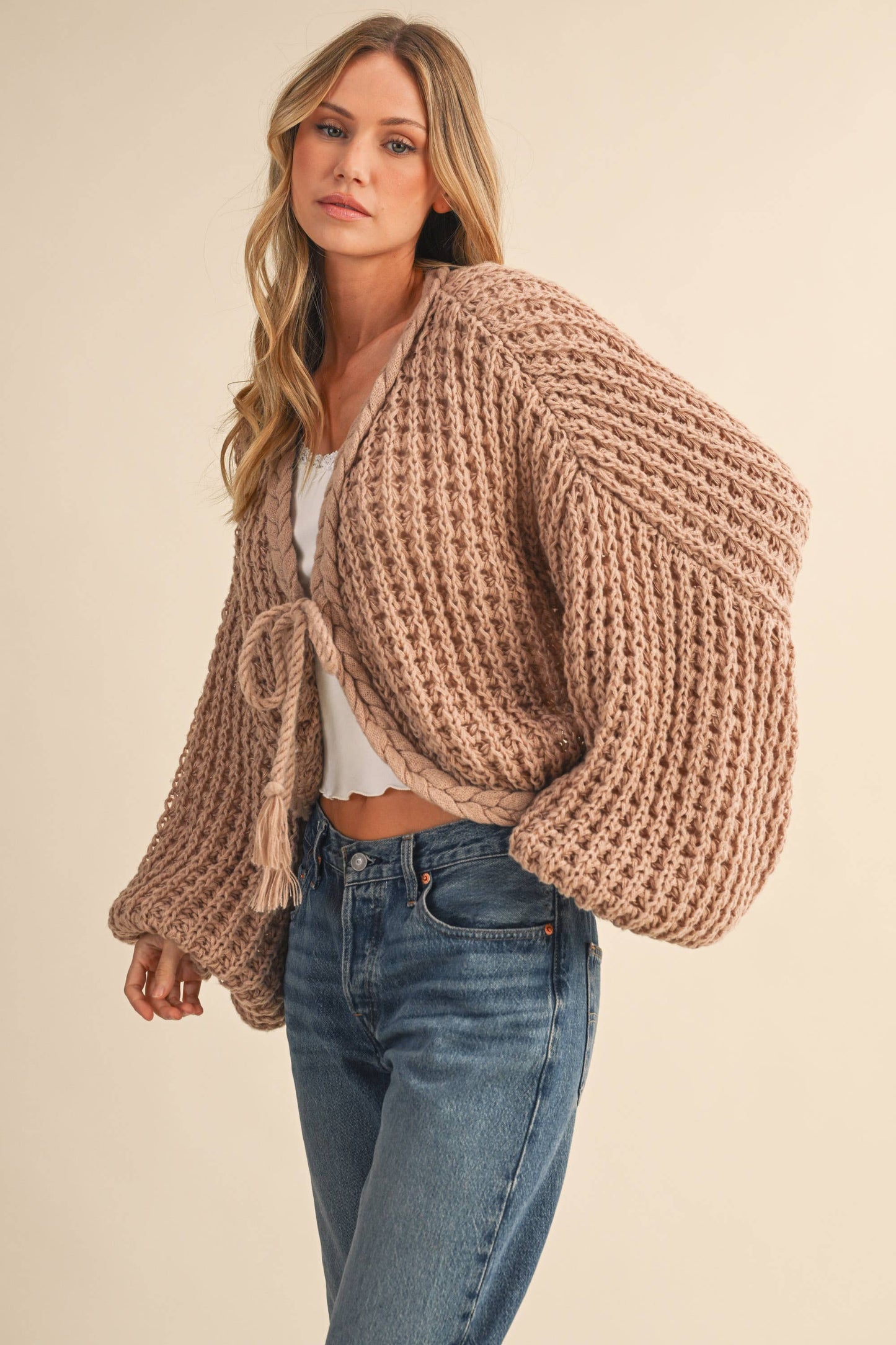 Christina Balloon Sleeve Cardigan in Taupe