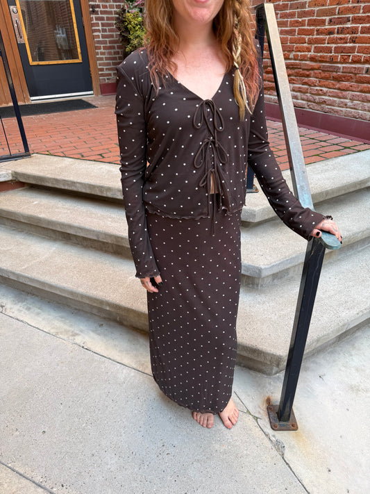 Eda Polka Dot Mesh Midi Skirt Dark Chocolate