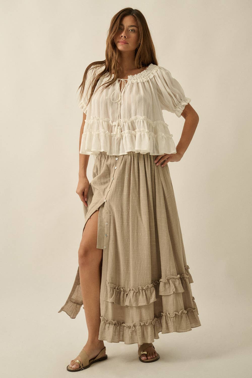 Tessa Solid Cotton Gauze Button-Front Ruffled Maxi Skirt in Stone