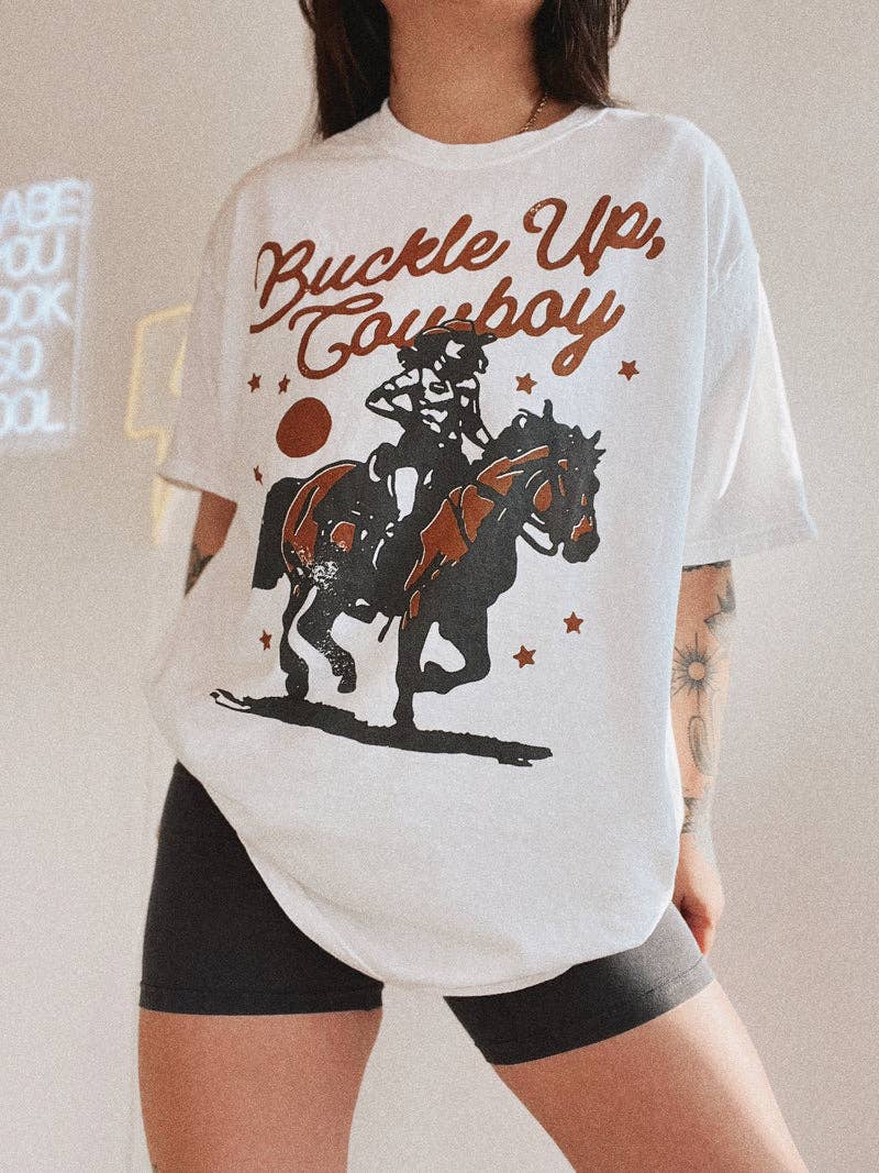Buckle Up Cowboy Western Graphic Tee In White