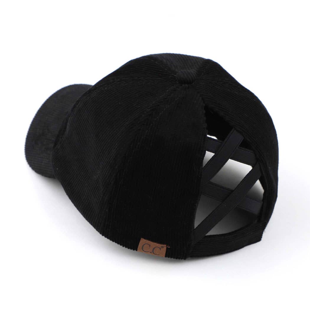 Corduroy Criss-Cross Pony Cap in Black
