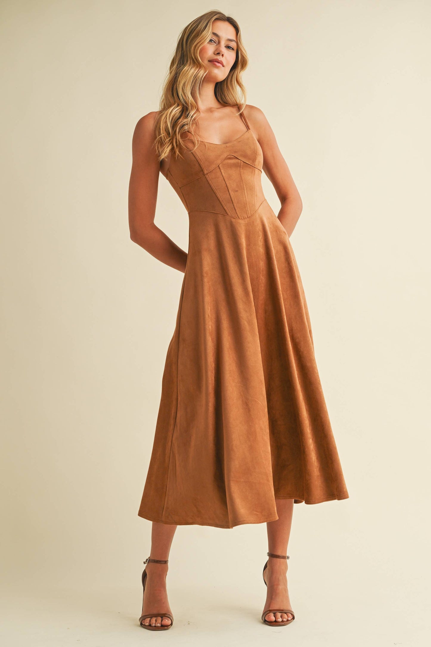 Emma Suede Corset Midi Dress in Camel