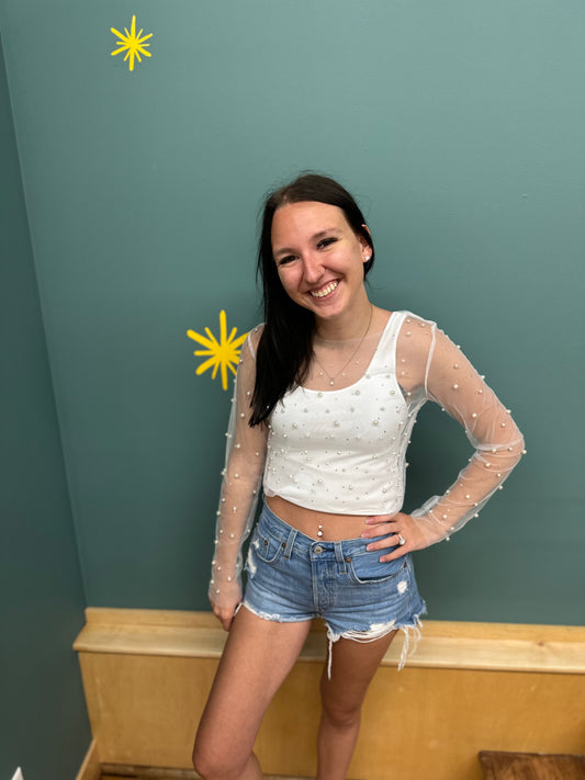 Jodie Pearl Trim Sheer Mesh Crop Top in White