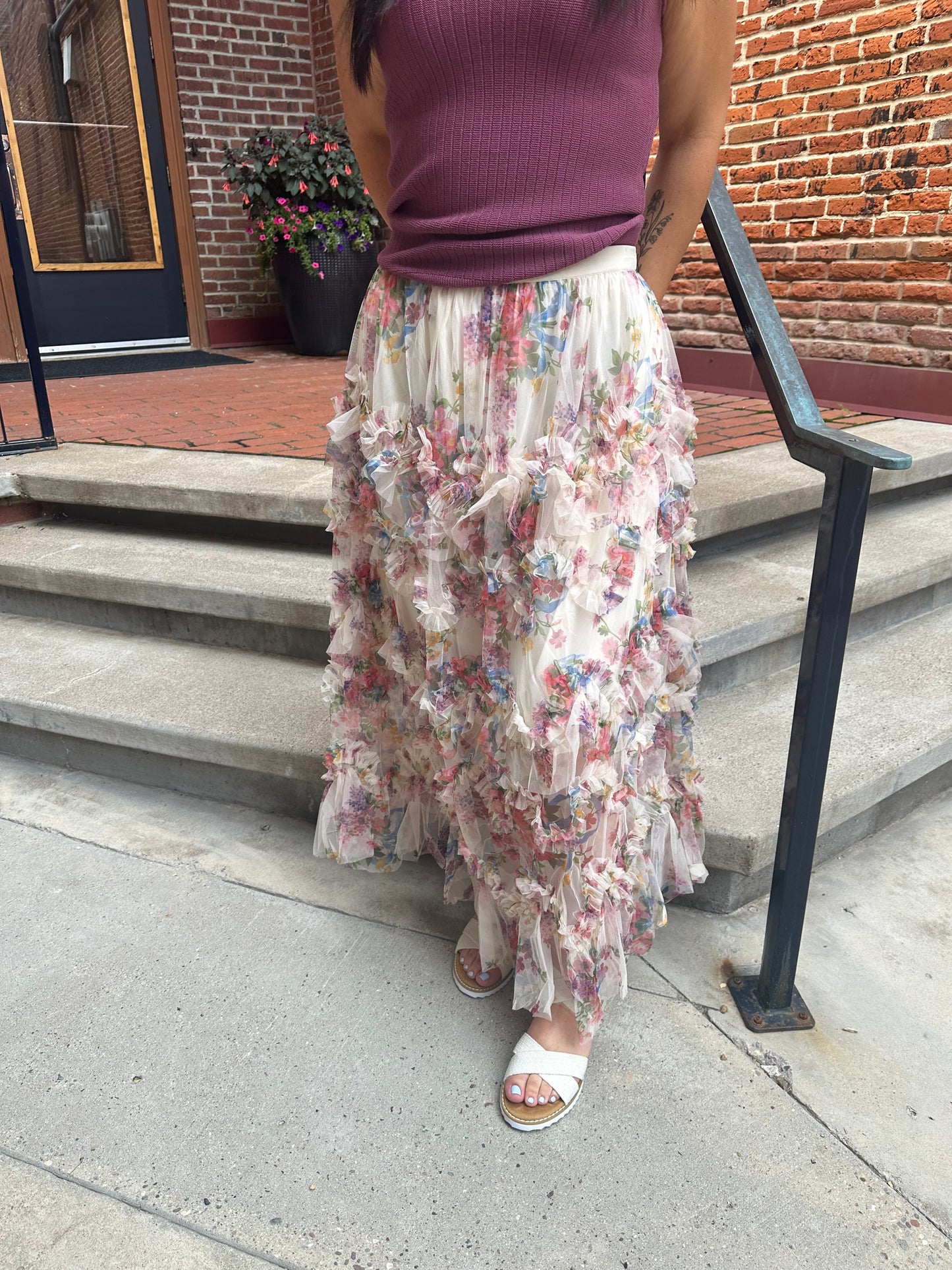 Joni Floral Ruffled Mesh Skirt in Ecru