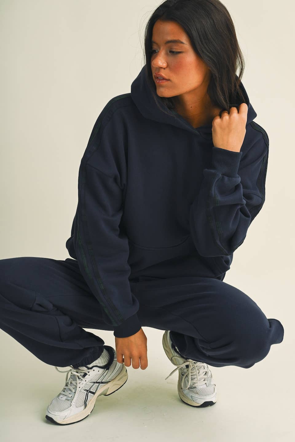 Jessica Plaid Side Stripe Oversized Pullover Hoodie in Navy