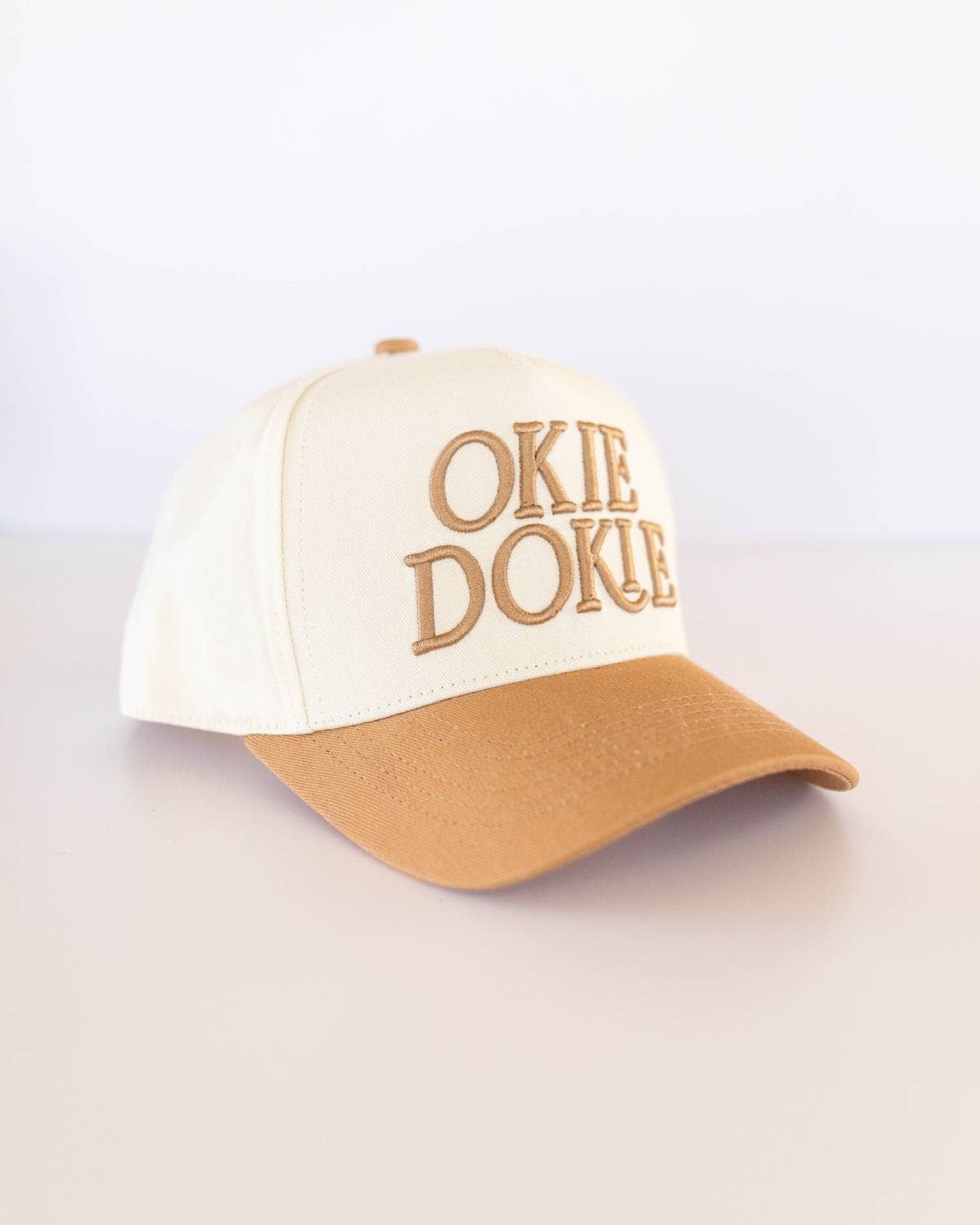 OKIE DOKIE Embroidered Trucker Hat in Caramel