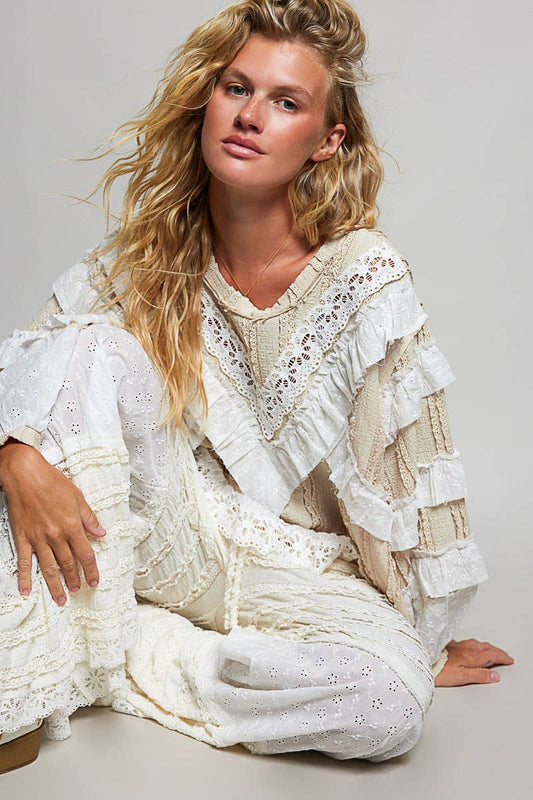 Kyla Eyelet Ruffle Raw Edge Trim Lace Solid Knit Top in Cream Beige