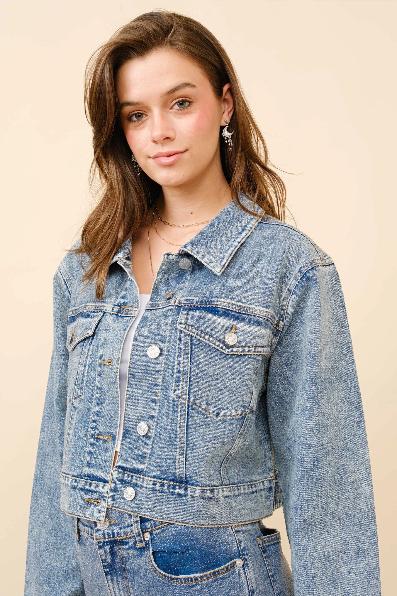 Josee Clear Crystal Crop Trucker Stretch Denim Jacket