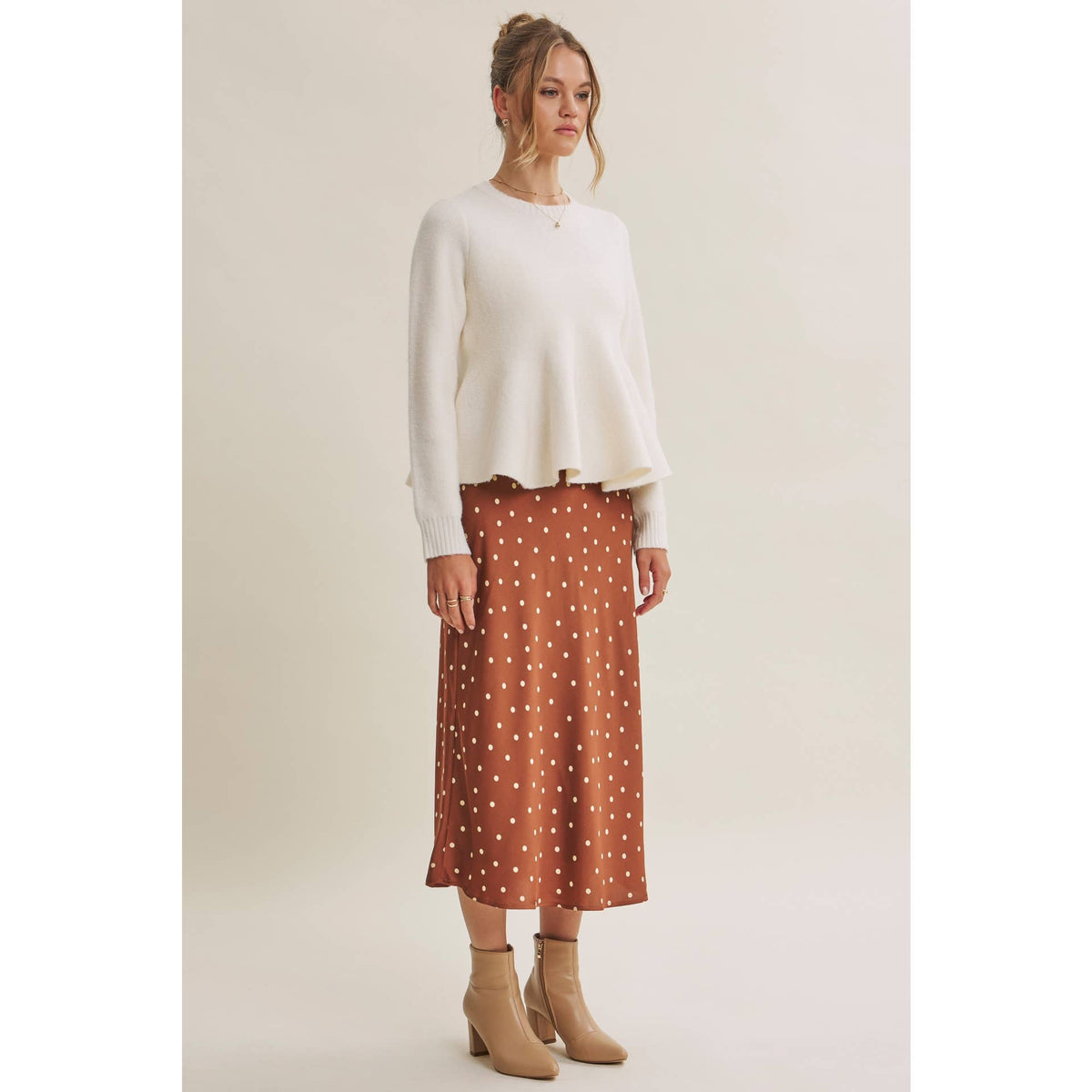 Hailey Satin Polka Dot Skirt in Burnt Orange