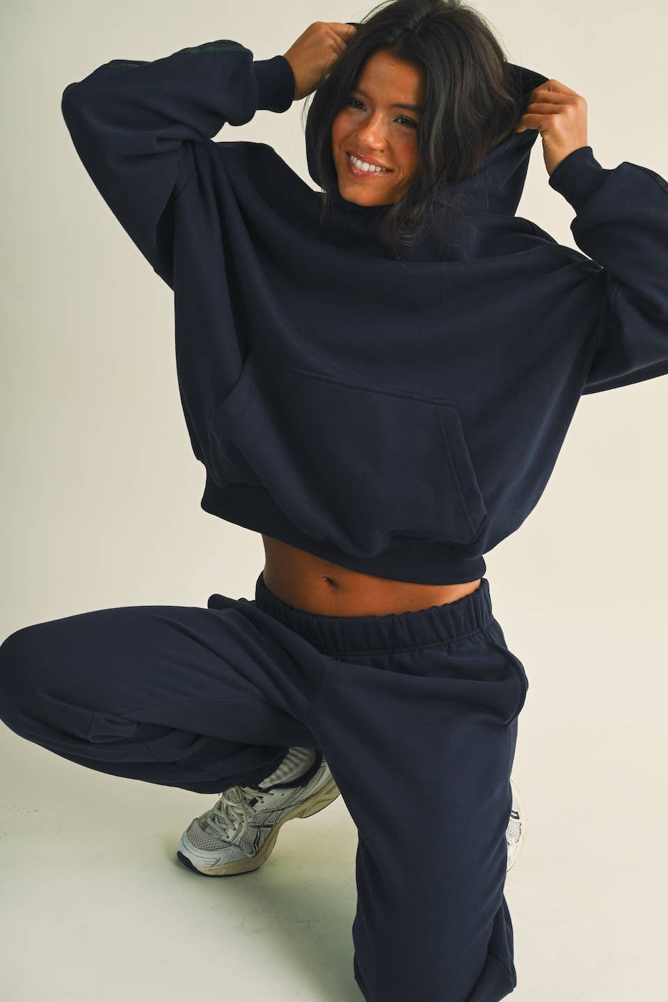 Jessica Plaid Side Stripe Oversized Pullover Hoodie in Navy