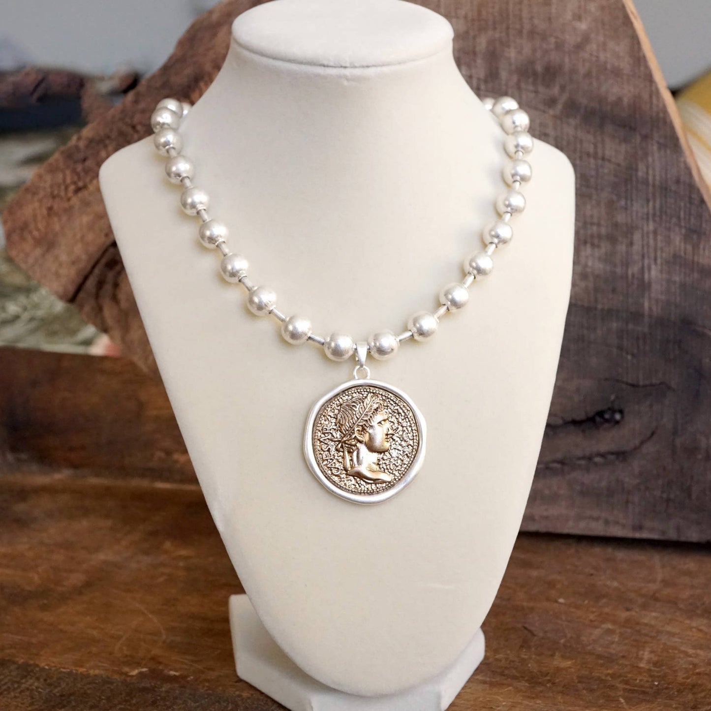 Coin Chunky Ball Chain Statement Necklace in Gold Tones
