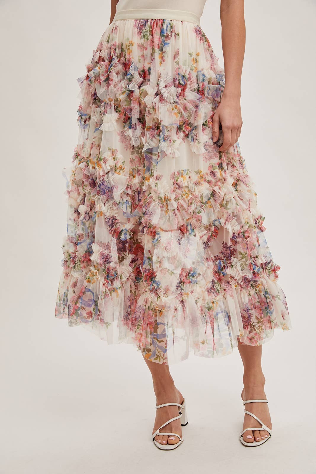 Joni Floral Ruffled Mesh Skirt in Ecru
