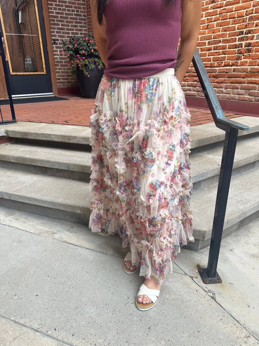 Joni Floral Ruffled Mesh Skirt in Ecru