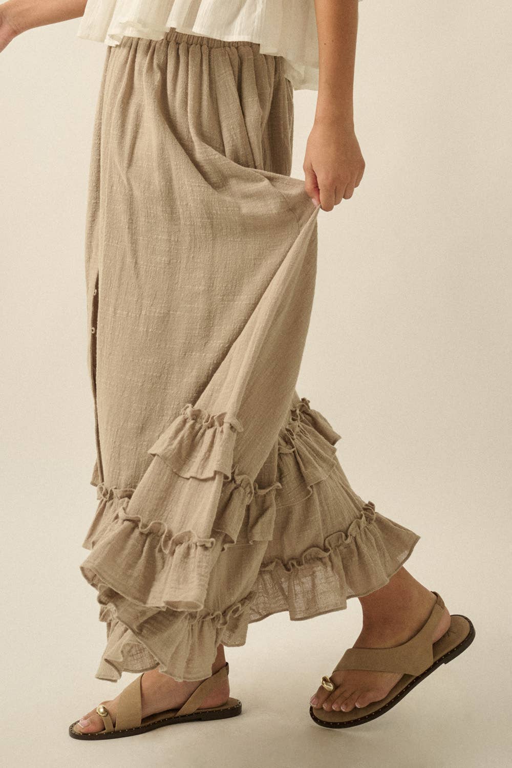 Tessa Solid Cotton Gauze Button-Front Ruffled Maxi Skirt in Stone