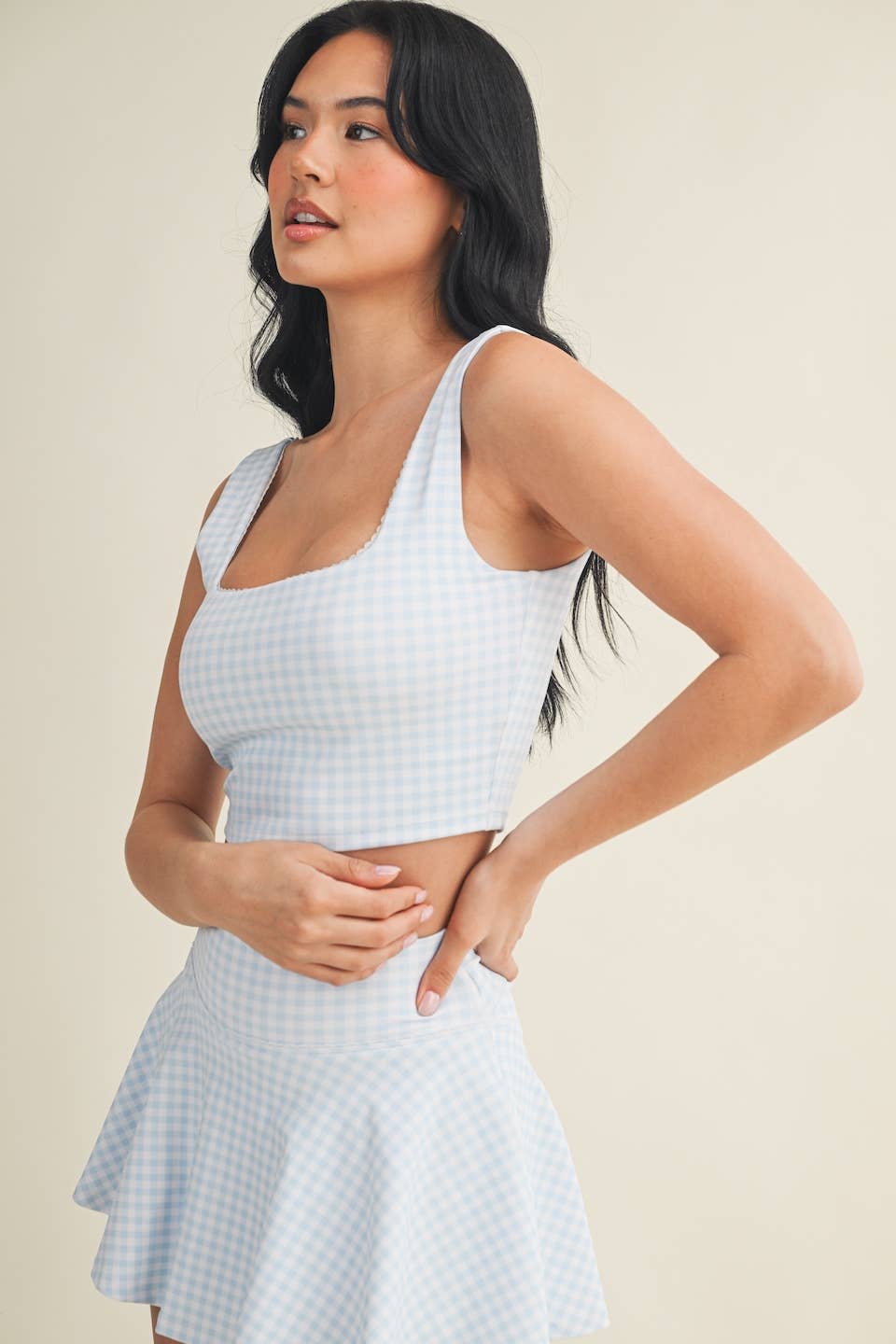 Blue Gingham Print Crop Tank with Lace Trim