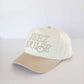 Jeez Louise Embroidered Trucker Hat in Khaki