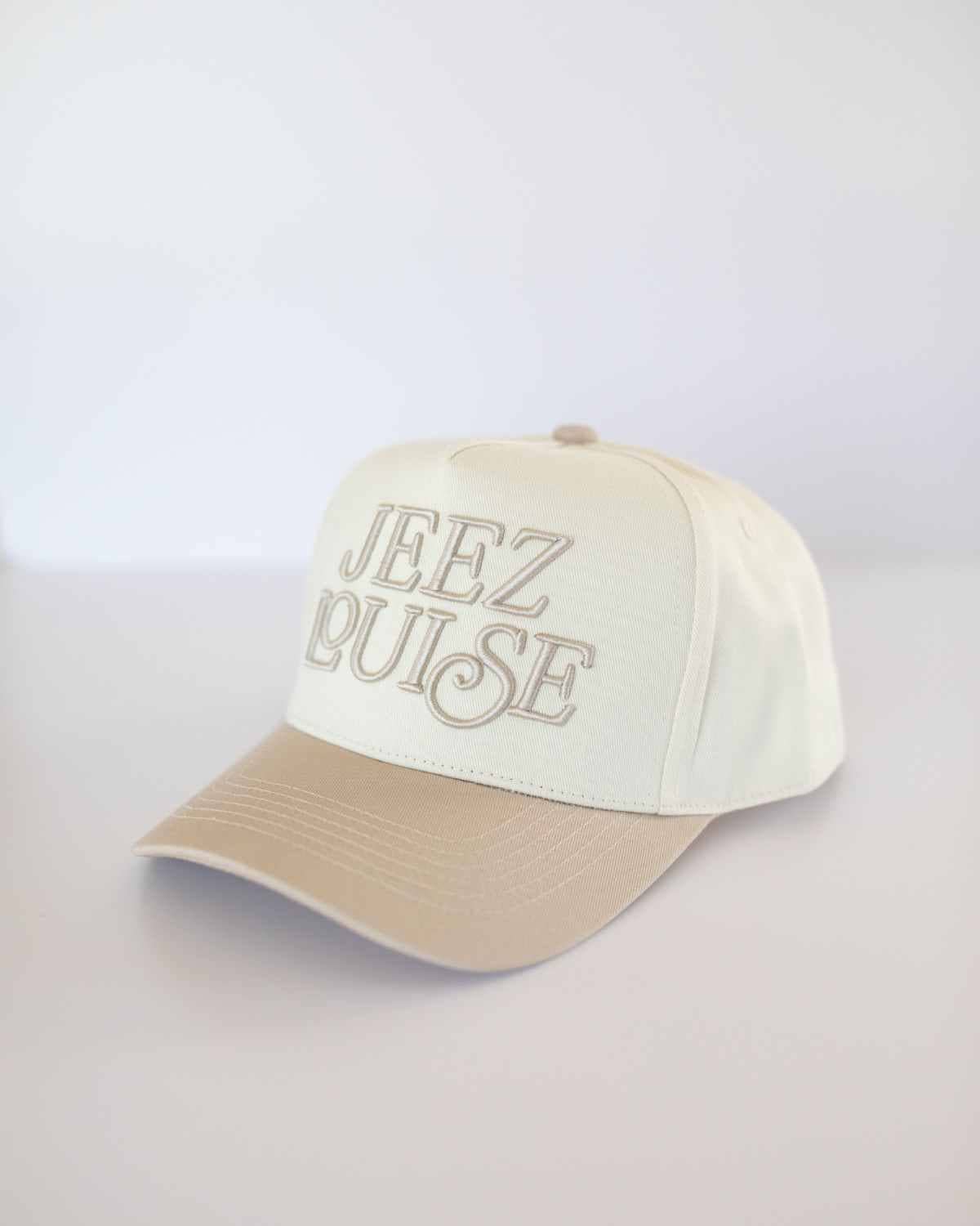 Jeez Louise Embroidered Trucker Hat in Khaki