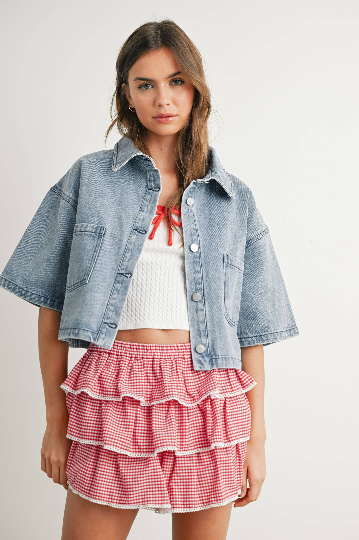 Aria Tiered Ruffle Mini Skort in Red