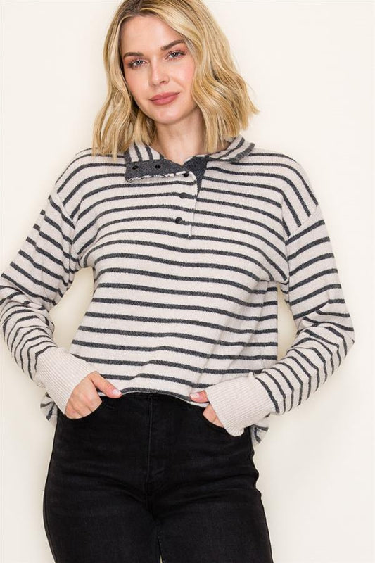 Charolette Mock Half Button Neck Striped Sweater