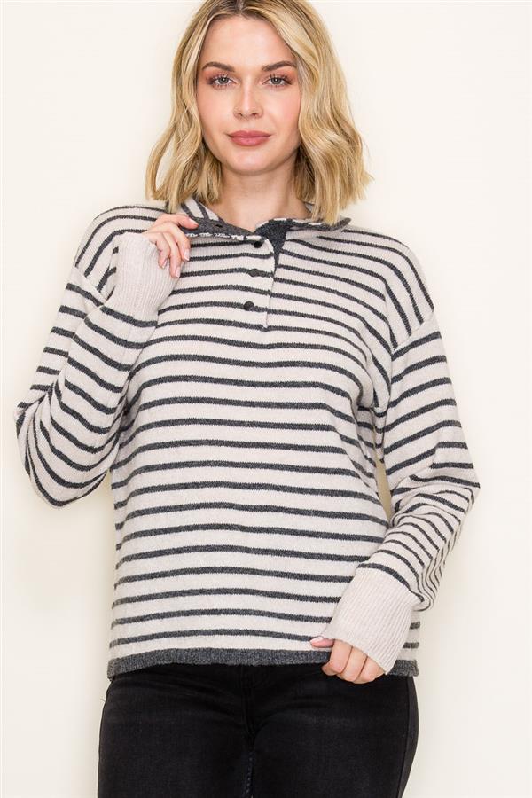 Charolette Mock Half Button Neck Striped Sweater