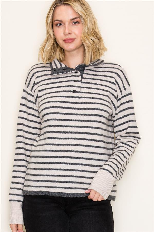 Charolette Mock Half Button Neck Striped Sweater