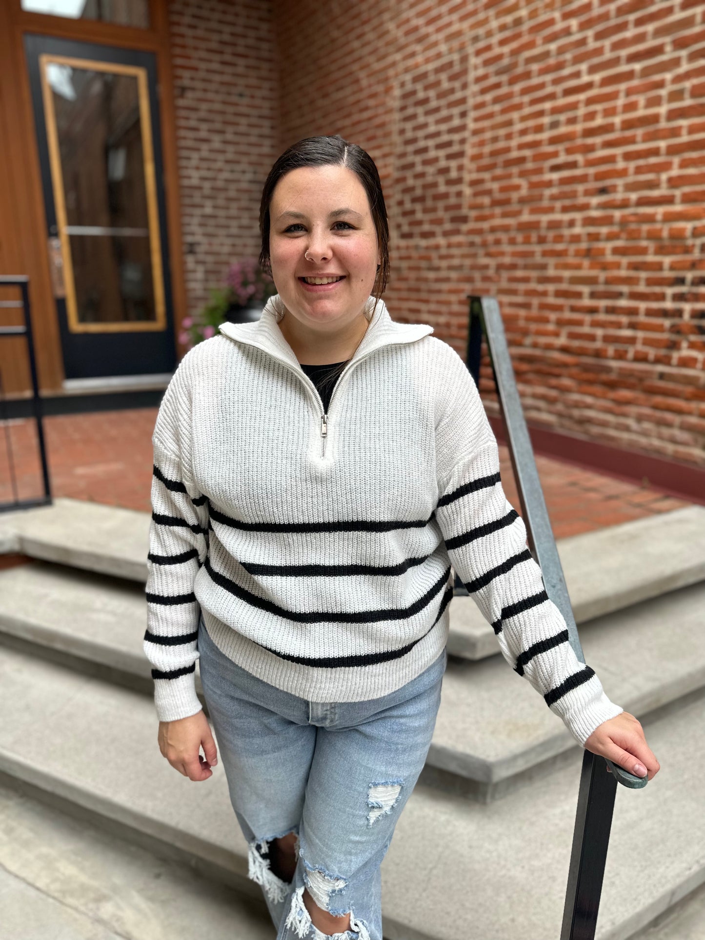Zoey Striped Half Zip Knit Sweater in White