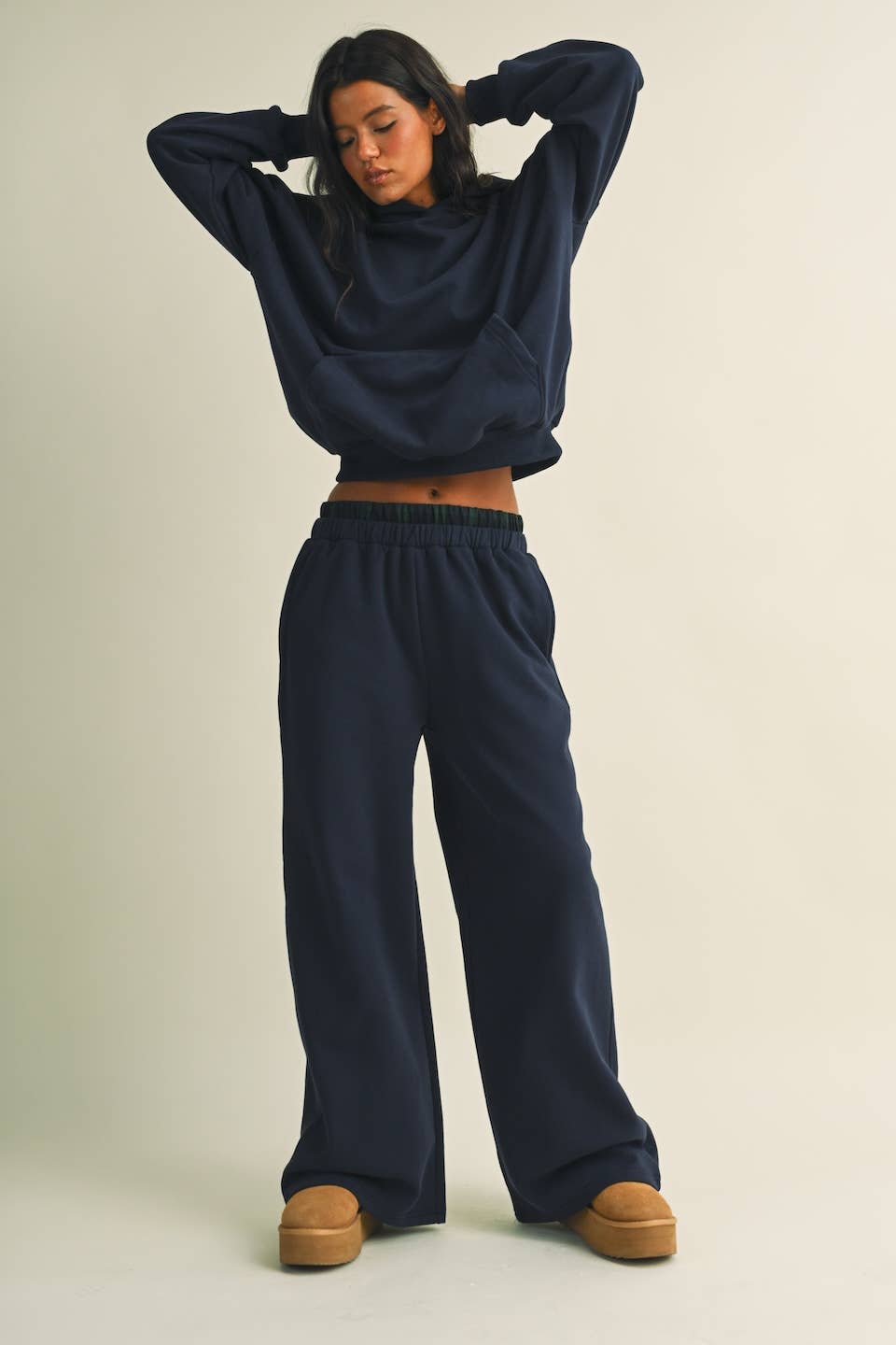 Jessica Plaid Side Stripe Oversized Pullover Hoodie in Navy