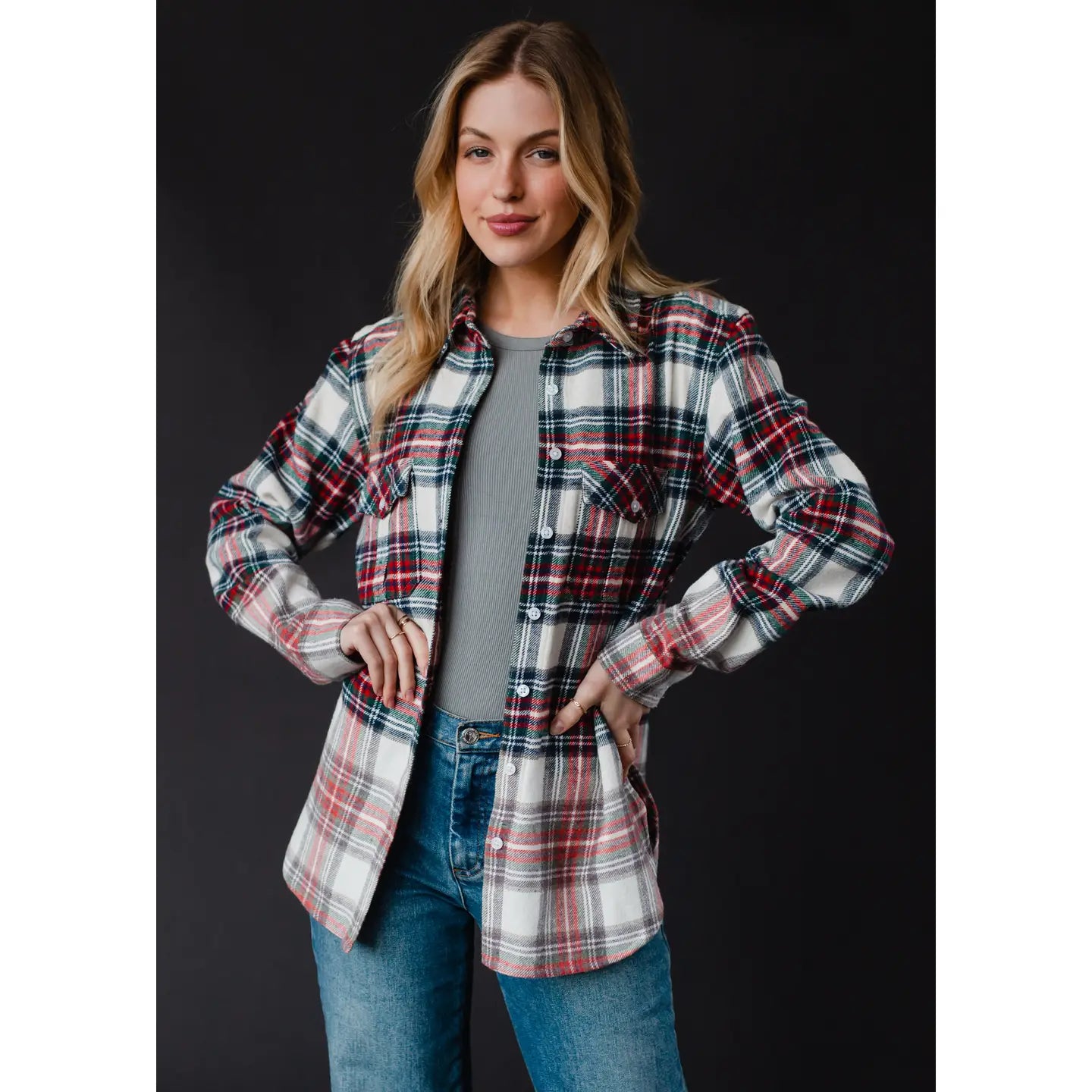 Selena Cream, Navy, Red & Green Plaid Flannel