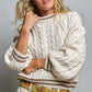 Brittany Cable Knit Crewneck Contrast Trim Sweater Top in Cream