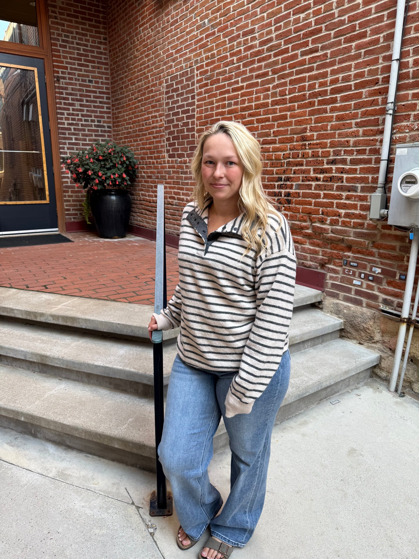 Charolette Mock Half Button Neck Striped Sweater