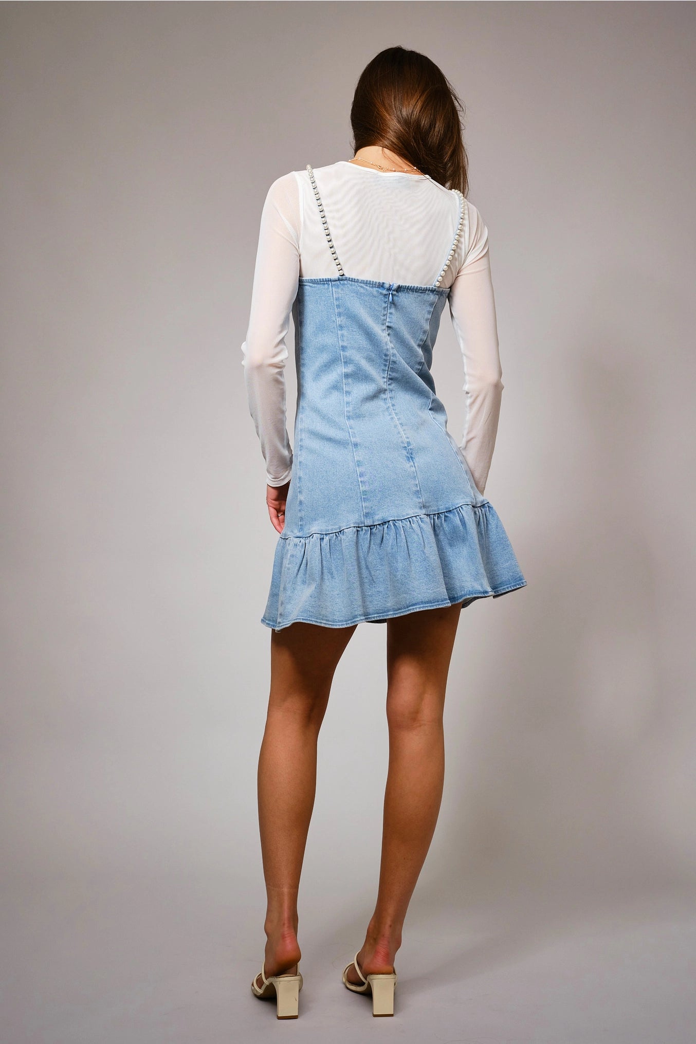 Ally Pearl Strap Stretch Denim Mini Denim Dress