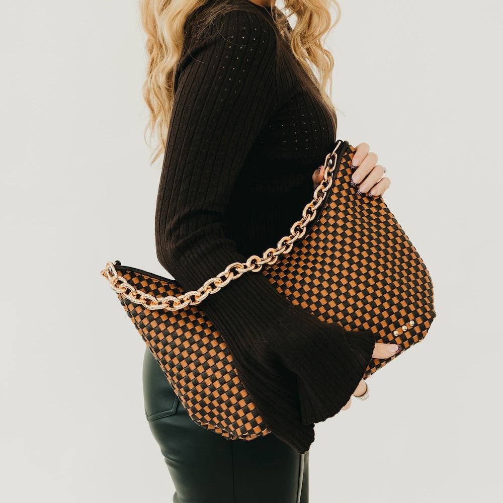 Sienna Slouchy Woven Shoulder Bag in Checkered Tan