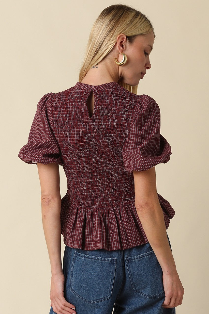 Maggie Plaid Peplum Top in Maroon