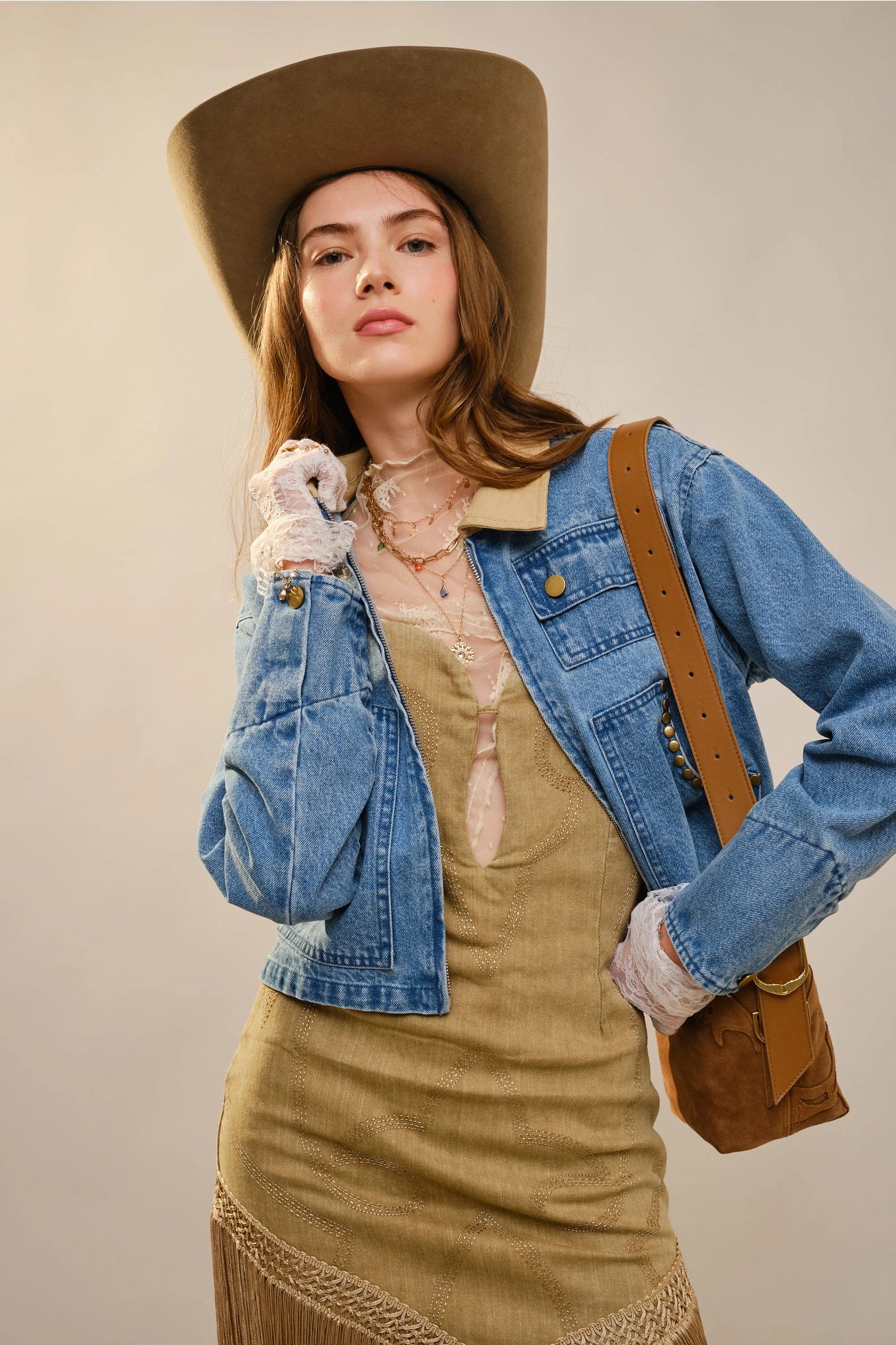 Corinne Stud Trimmed Cropped Denim Jacket