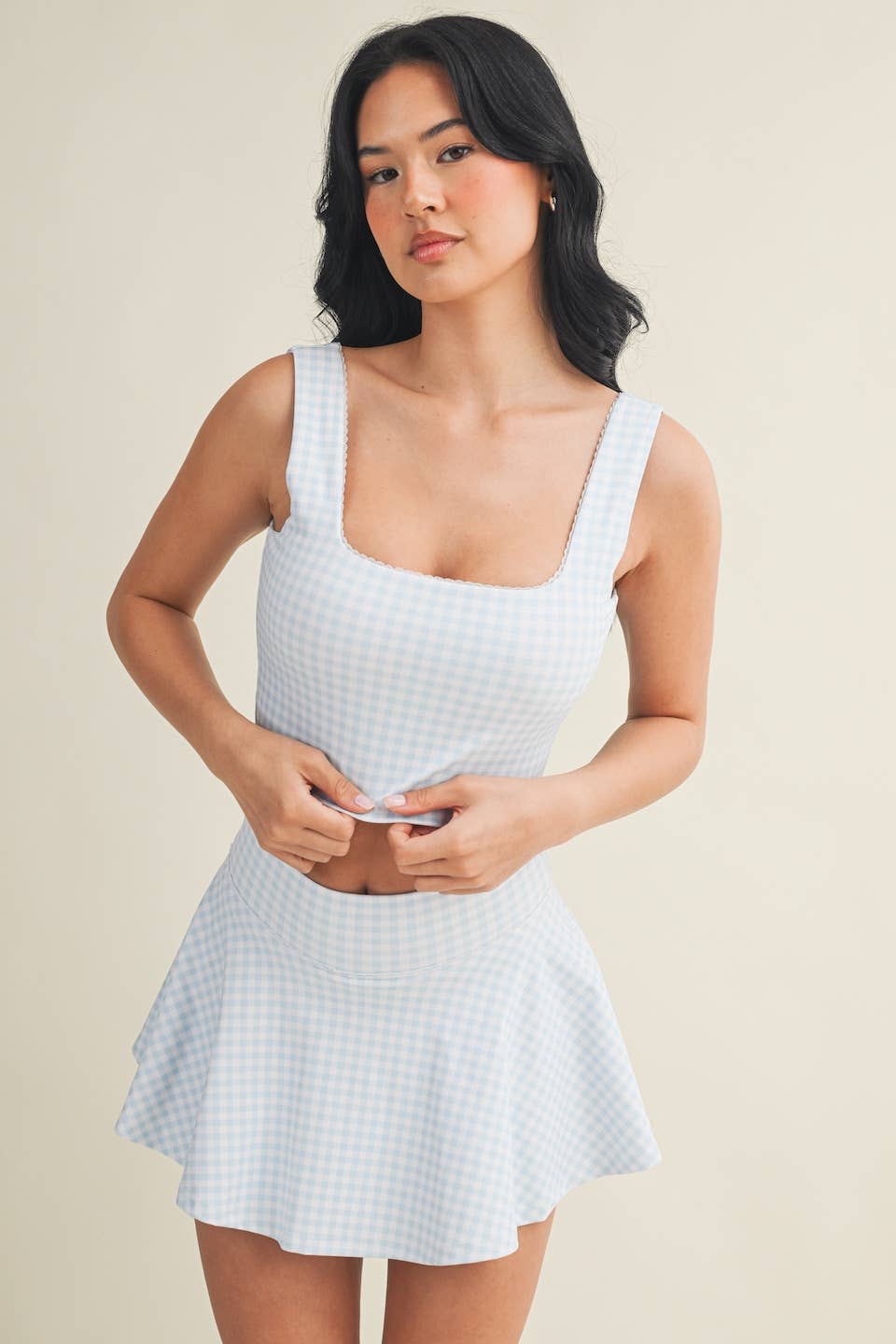 Blue Gingham Print Crop Tank with Lace Trim