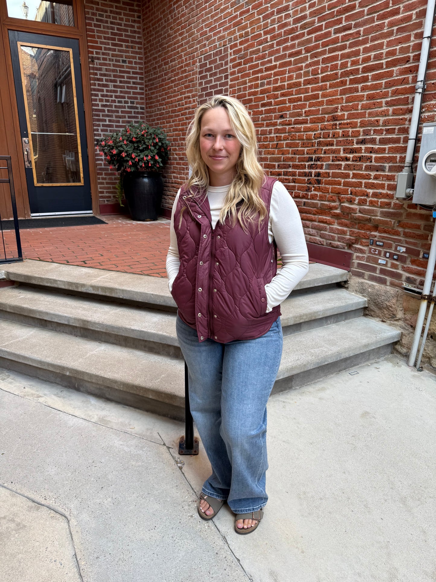 Alanna Quilted Vest Snap Buttons in Burgundy