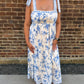 Kori Floral Border Empire Waist Tie Strap Midi Dress in Light Blue