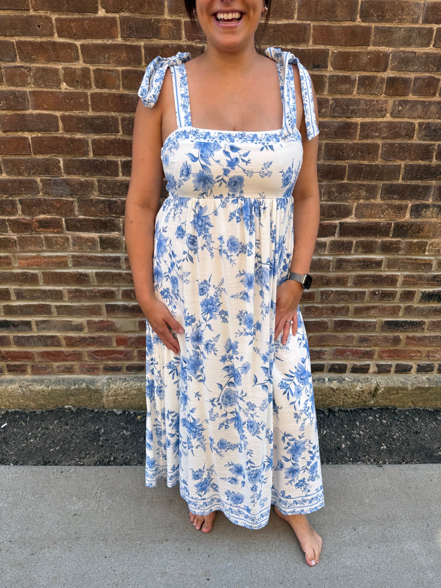 Kori Floral Border Empire Waist Tie Strap Midi Dress in Light Blue