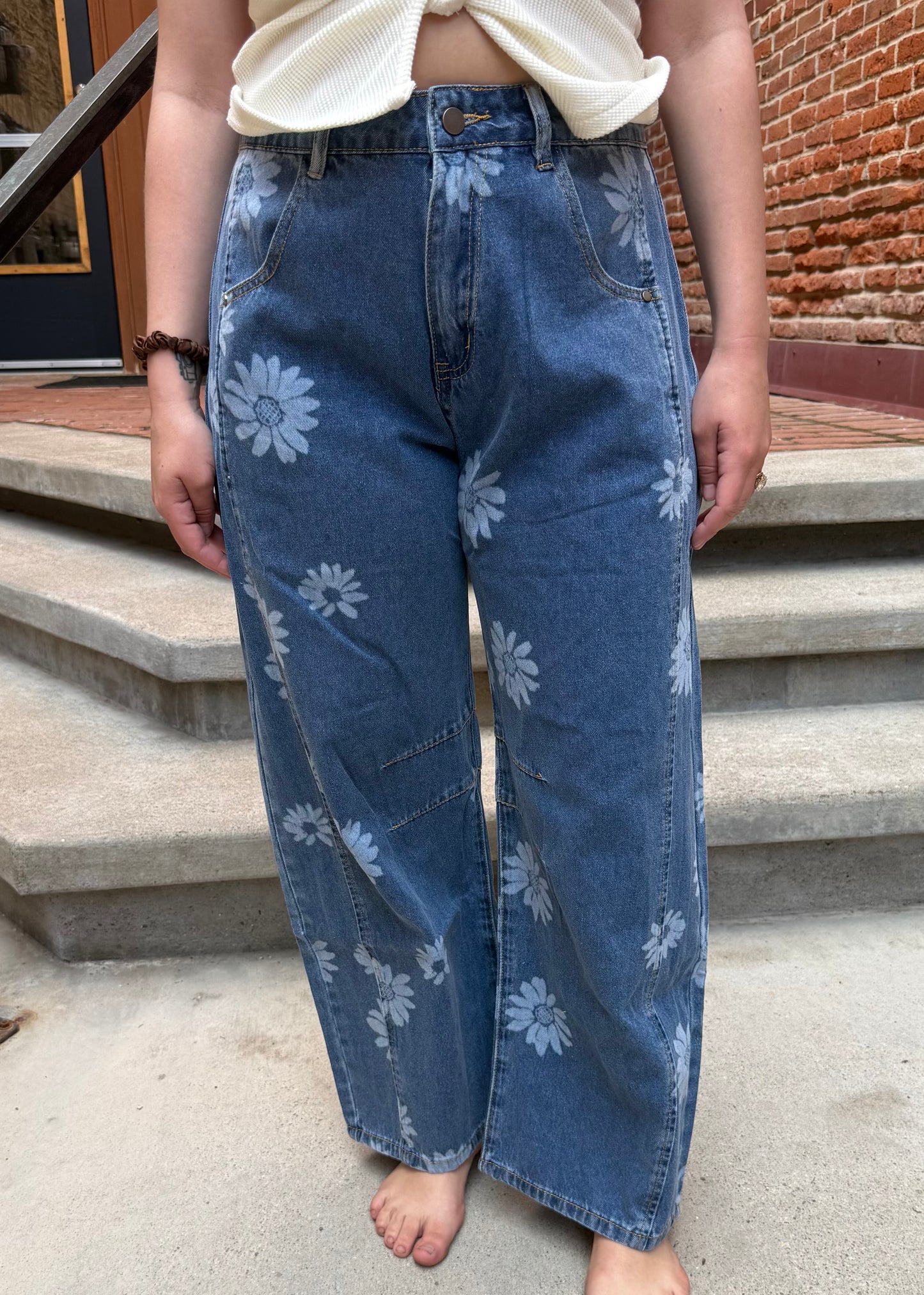 Korrine Printed Barrel Denim Jeans in Dark Denim