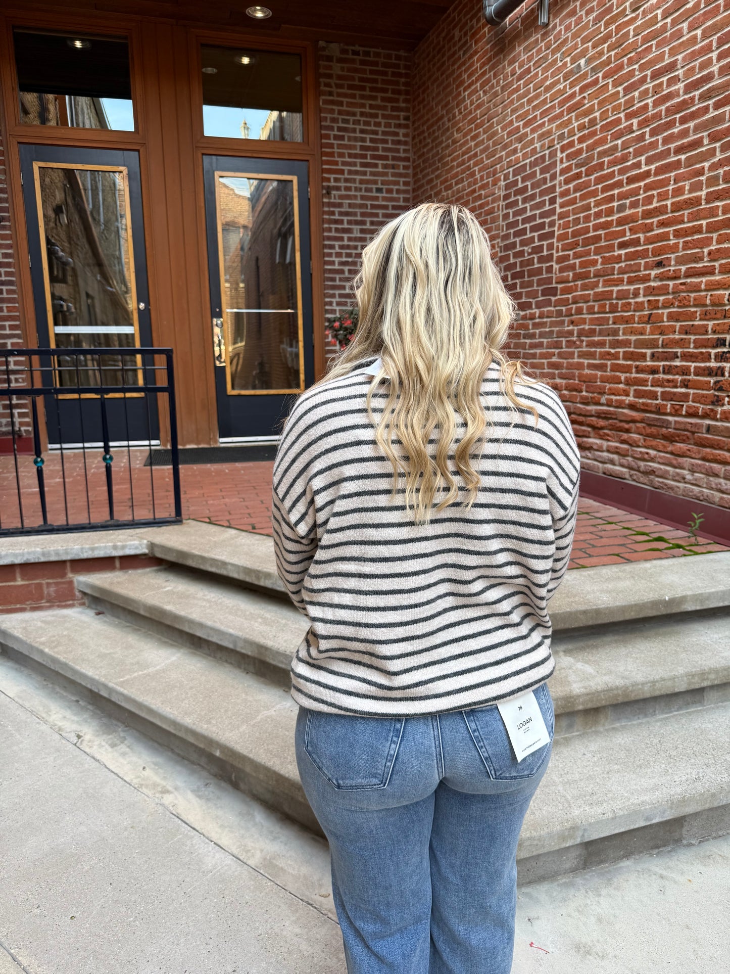 Charolette Mock Half Button Neck Striped Sweater