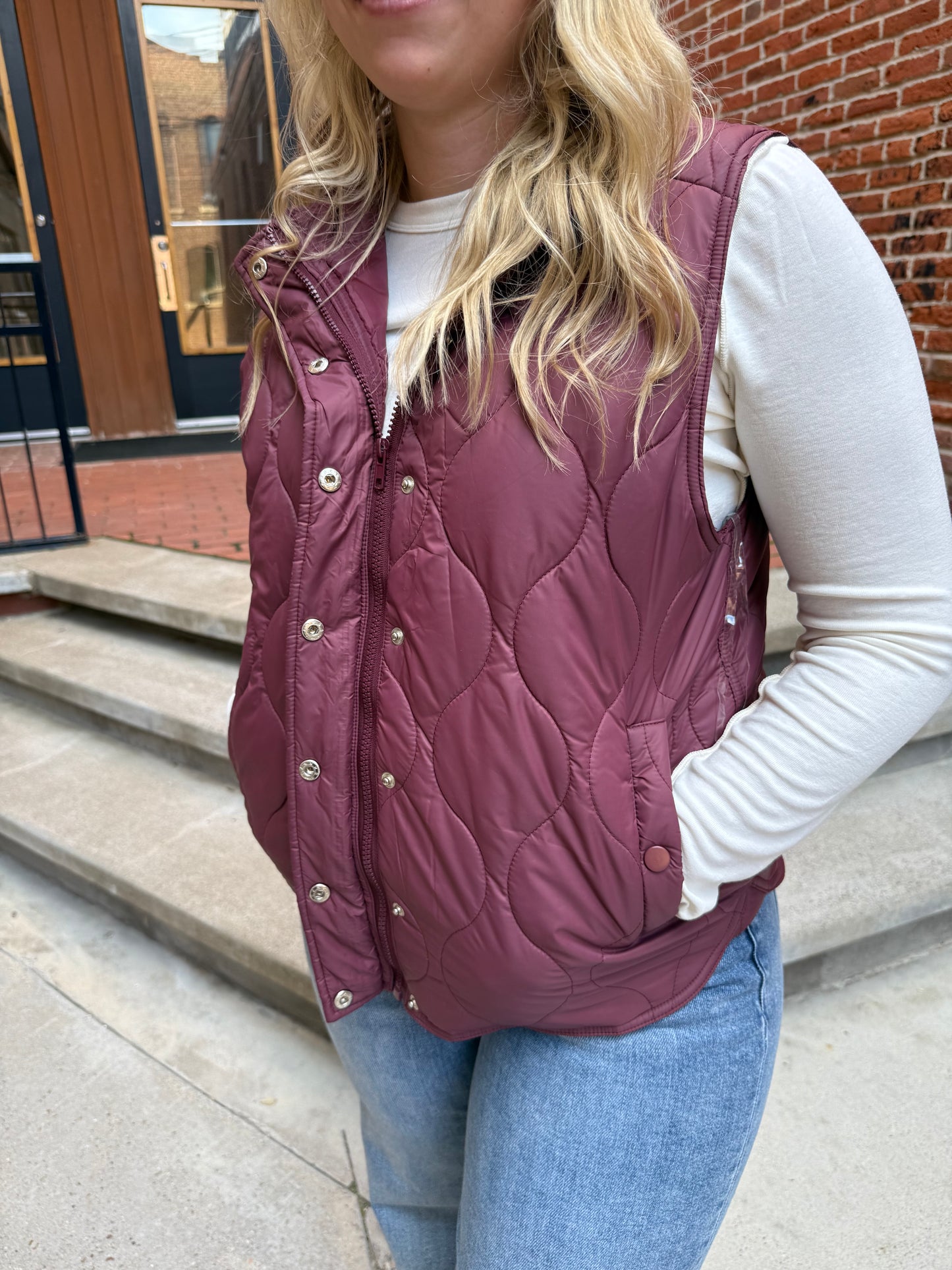 Alanna Quilted Vest Snap Buttons in Burgundy