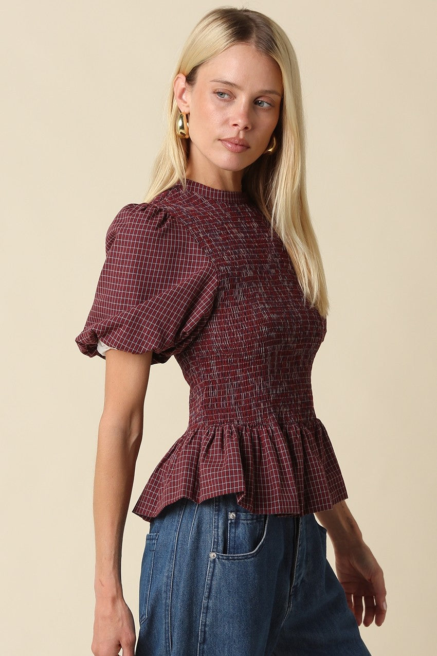 Maggie Plaid Peplum Top in Maroon